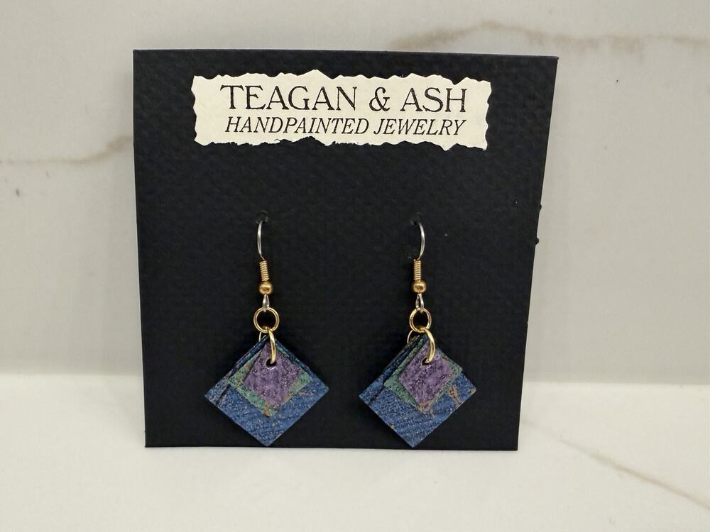 Teagan & Ash Handpainted Paper Dangle Earrings Artisan Geometric Blue Purple